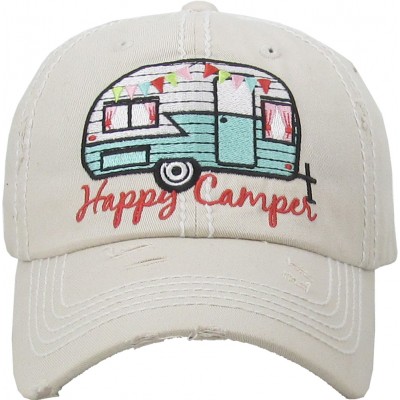 Embroidered HAPPY CAMPER on Light Sand Tan 's Baseball Cap  Distressed Hat  eb-97969296